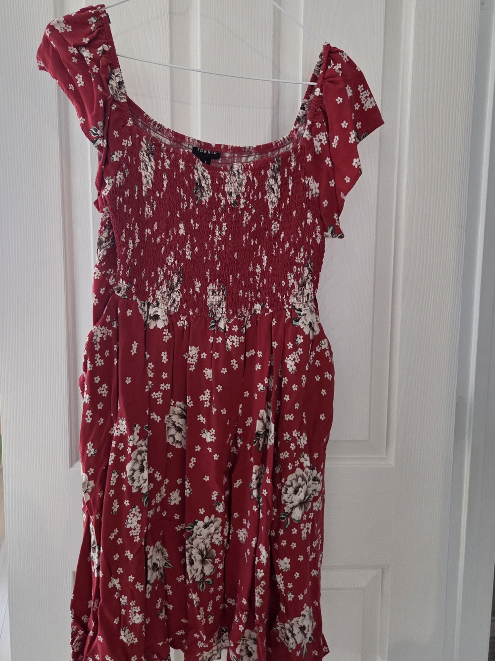 Torrid Challis Red Floral Smocked Off Shoulder Dress